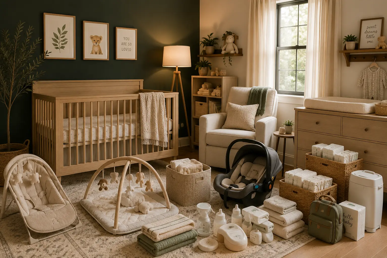 Baby registry essentials including clothes, bottles, and diaper bag