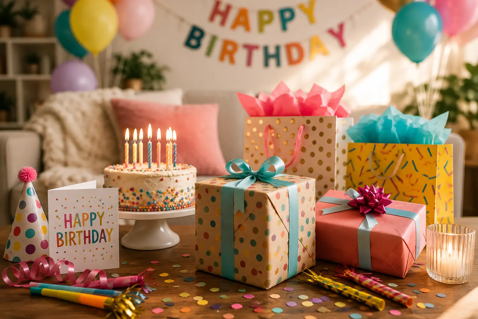 Birthday gift ideas with pastel wrapped gifts and fun accessories