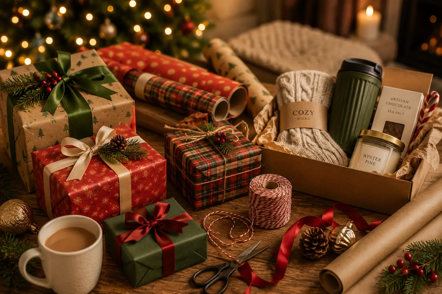 Christmas gift ideas with wrapped presents and holiday greenery