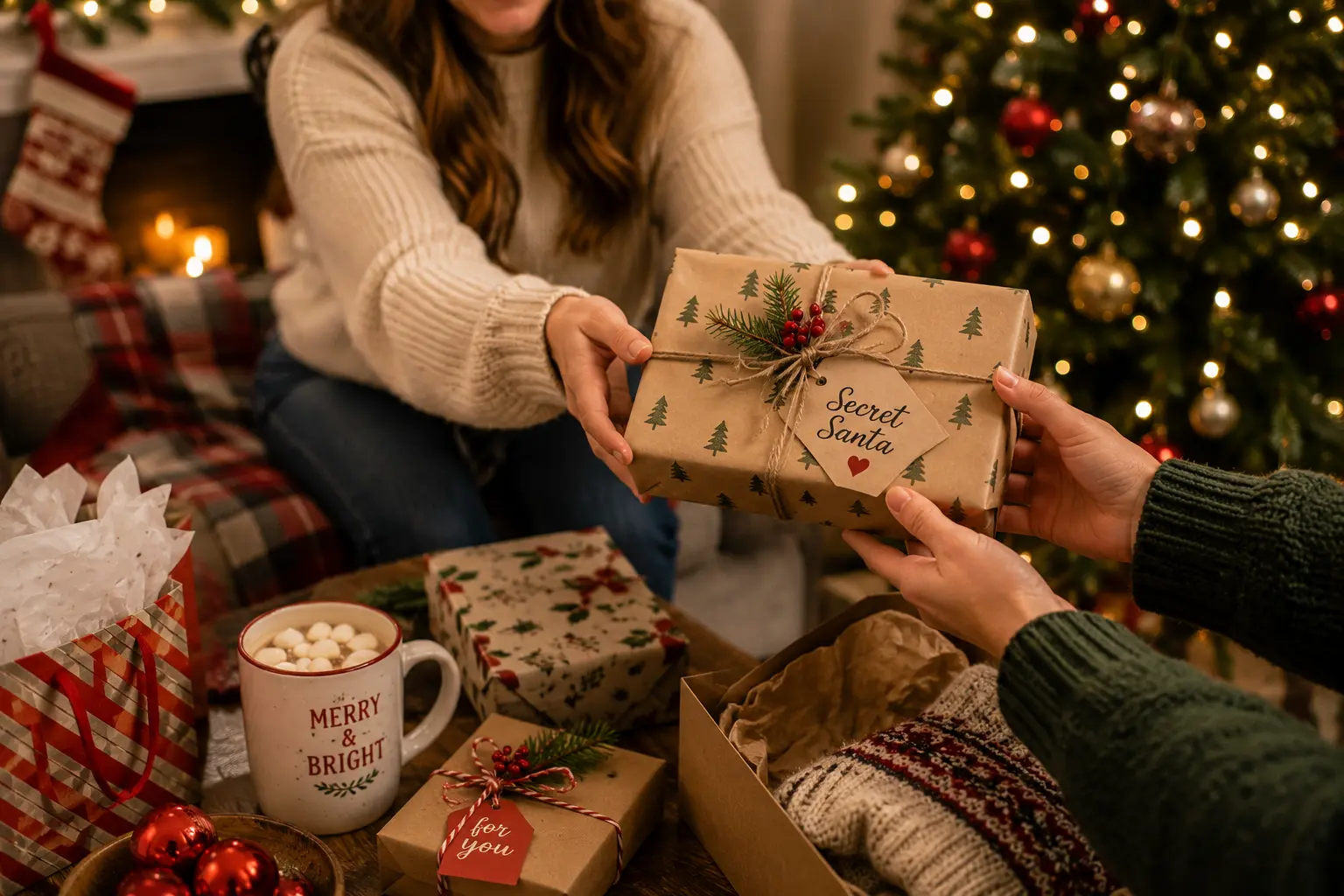 Secret Santa gift ideas with wrapped gifts and cozy accessories