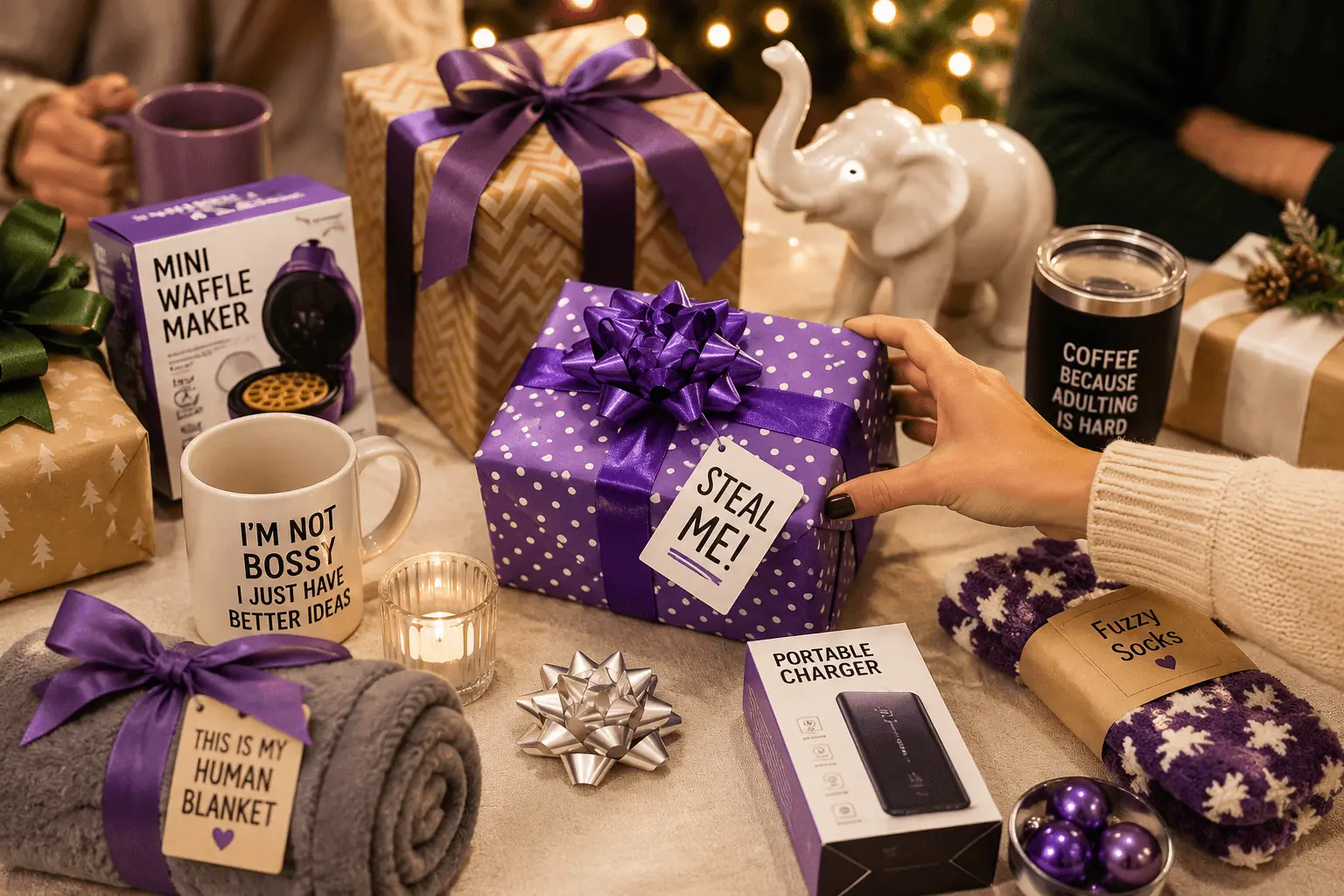 White Elephant gift ideas with wrapped presents and festive decorations